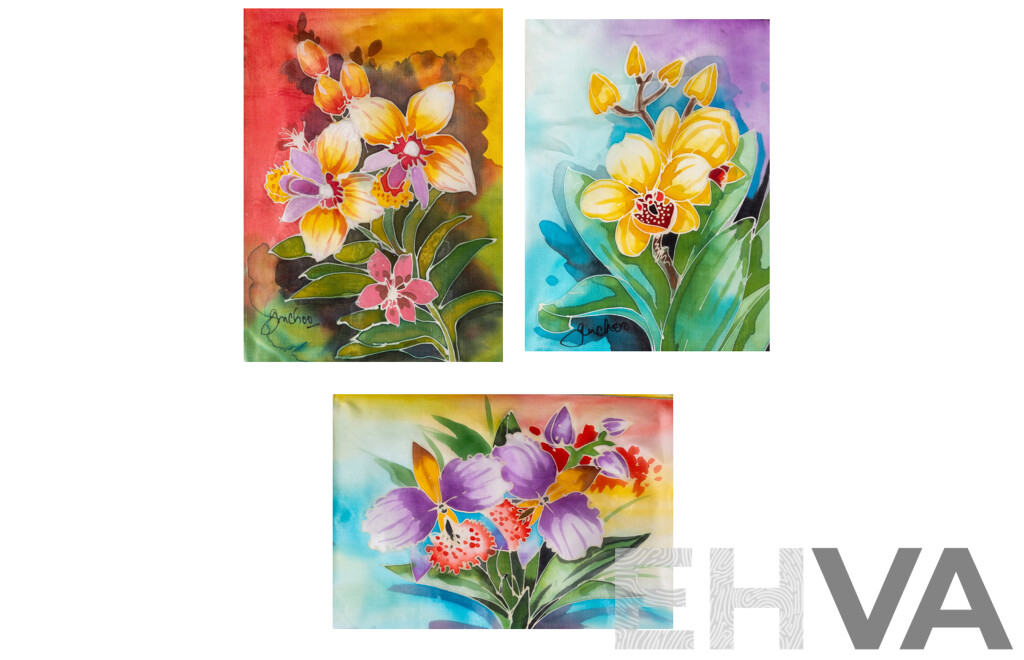 G.M. Choo, (20th Century), Orchids, Set of Three Lovely Original Dye & Gutta on Fine Fabric Panels, 34 x 25 cm (3)