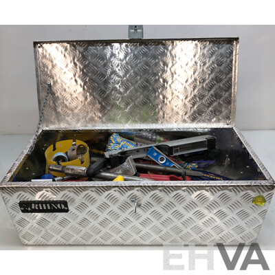 Rhino 770mm Aluminium Checkerplate Toolbox with Various Hand Tools