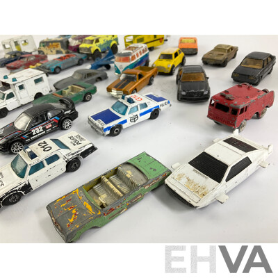 Collection of Diecast Matchbox, Corgi and Playart Vehicles Including Fire Trucks, Police Cars and Sports Cars