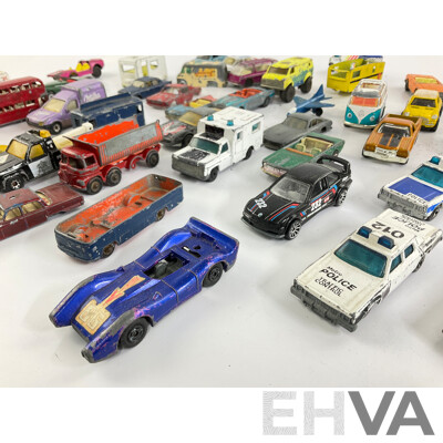 Collection of Diecast Matchbox, Corgi and Playart Vehicles Including Fire Trucks, Police Cars and Sports Cars