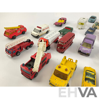 Collection of Diecast Matchbox, Corgi and Playart Vehicles Including Fire Trucks, Police Cars and Sports Cars