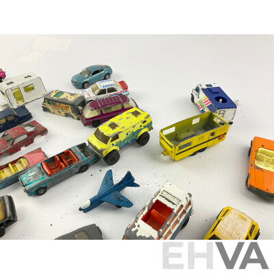 Collection of Diecast Matchbox, Corgi and Playart Vehicles Including Fire Trucks, Police Cars and Sports Cars