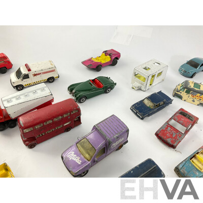Collection of Diecast Matchbox, Corgi and Playart Vehicles Including Fire Trucks, Police Cars and Sports Cars