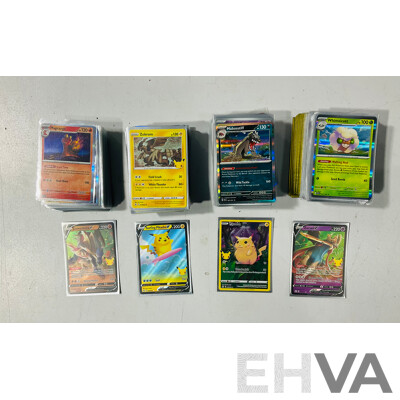 Collection of Mostly Foil Pokémon Tcg Cards Including Celebrations 25th Anniversary Pioachu, Surfing Pikachu V, Zamazenta V and Zacian V