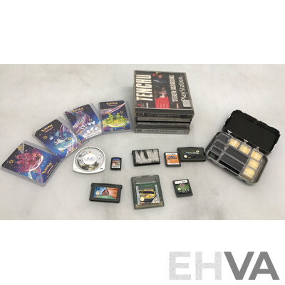 Collection of Assorted Nintendo, PlayStation One, PSP, and PSP Vita Games with Pokemon Trading Cards and Moogoo Game