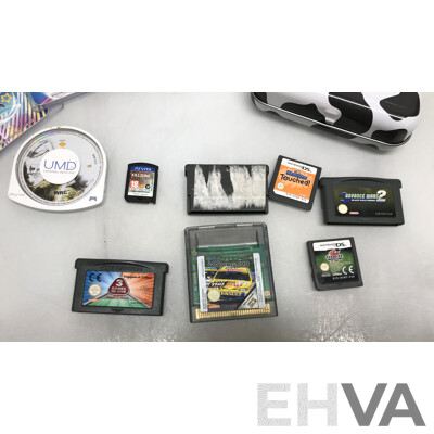 Collection of Assorted Nintendo, PlayStation One, PSP, and PSP Vita Games with Pokemon Trading Cards and Moogoo Game