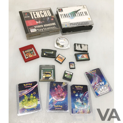 Collection of Assorted Nintendo, PlayStation One, PSP, and PSP Vita Games with Pokemon Trading Cards