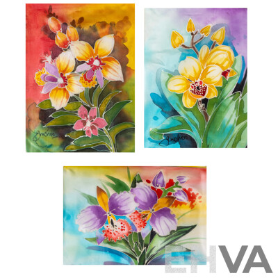 G.M. Choo, (20th Century), Orchids, Set of Three Lovely Original Dye & Gutta on Fine Fabric Panels, 34 x 25 cm (3)