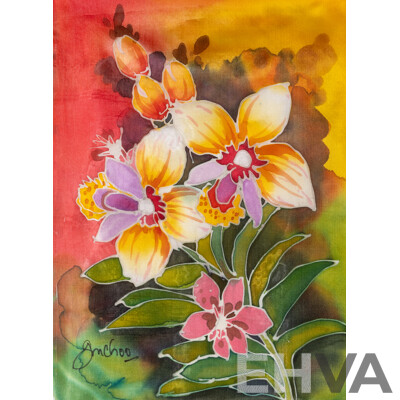 G.M. Choo, (20th Century), Orchids, Set of Three Lovely Original Dye & Gutta on Fine Fabric Panels, 34 x 25 cm (3)