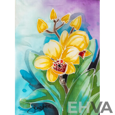 G.M. Choo, (20th Century), Orchids, Set of Three Lovely Original Dye & Gutta on Fine Fabric Panels, 34 x 25 cm (3)