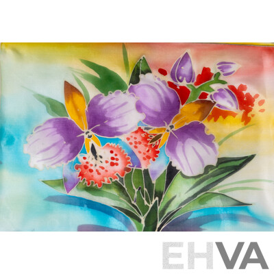 G.M. Choo, (20th Century), Orchids, Set of Three Lovely Original Dye & Gutta on Fine Fabric Panels, 34 x 25 cm (3)