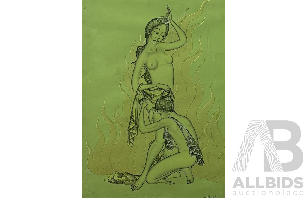 G. Sena, (20th Century, Balinese School), Lovers, Ink, Pen & Pigment on Cloth, 61 x 45 cm (frame)