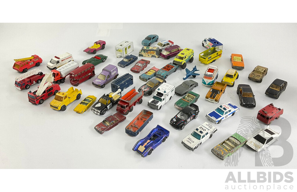 Collection of Diecast Matchbox, Corgi and Playart Vehicles Including Fire Trucks, Police Cars and Sports Cars