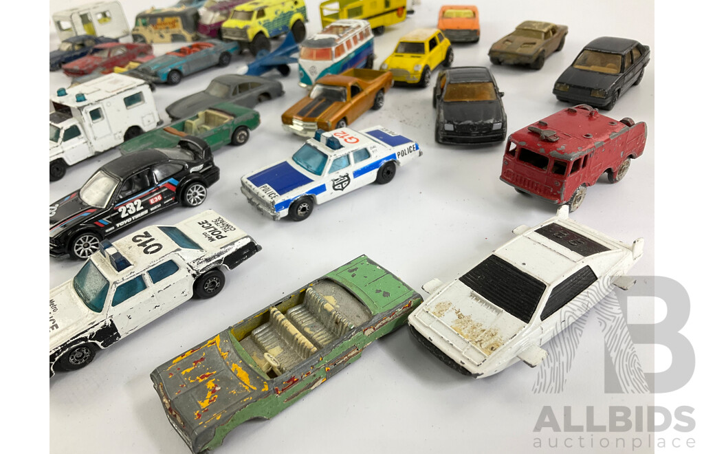 Collection of Diecast Matchbox, Corgi and Playart Vehicles Including Fire Trucks, Police Cars and Sports Cars