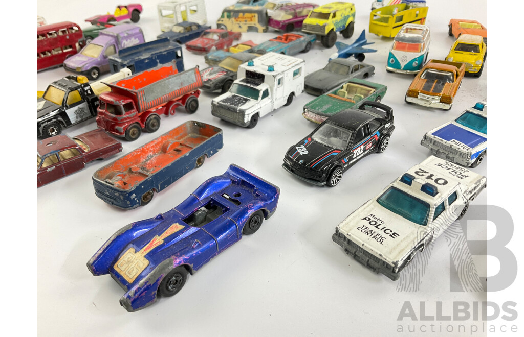 Collection of Diecast Matchbox, Corgi and Playart Vehicles Including Fire Trucks, Police Cars and Sports Cars