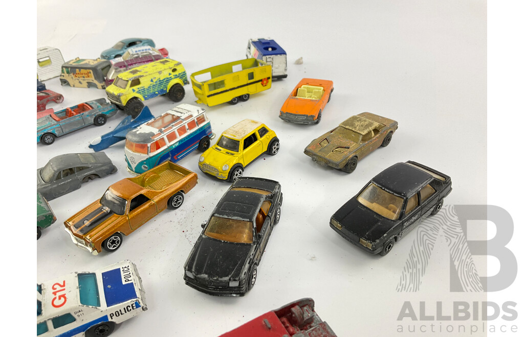 Collection of Diecast Matchbox, Corgi and Playart Vehicles Including Fire Trucks, Police Cars and Sports Cars