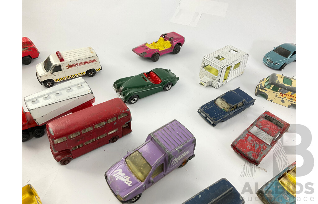 Collection of Diecast Matchbox, Corgi and Playart Vehicles Including Fire Trucks, Police Cars and Sports Cars