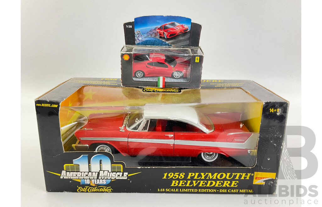 Boxed Ertl Collectables Diecast 1958 Plymouth Belvedere 1:18 Scale with Ferrari 1:38 Scale