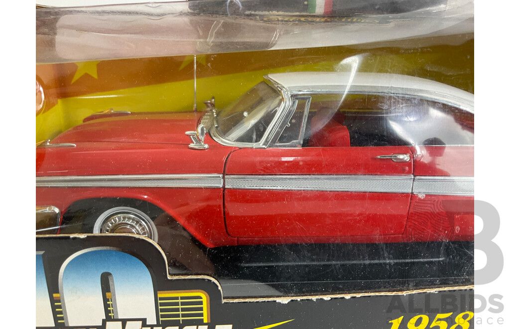 Boxed Ertl Collectables Diecast 1958 Plymouth Belvedere 1:18 Scale with Ferrari 1:38 Scale