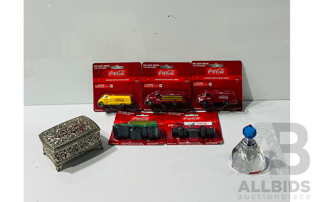 Collection of Coca-cola 1:87 Die Cast Cars in Original Packaging with Cut Glass Scent Bottle and Decorative Metal Box