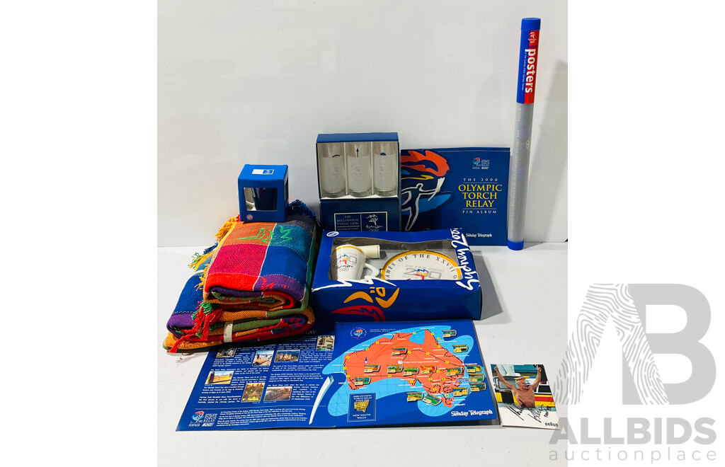 Collection of Sydney’s 2000 Olympics Memorabilia Including Signed Photo, Pin Album, Glasses, Throw Rug and More