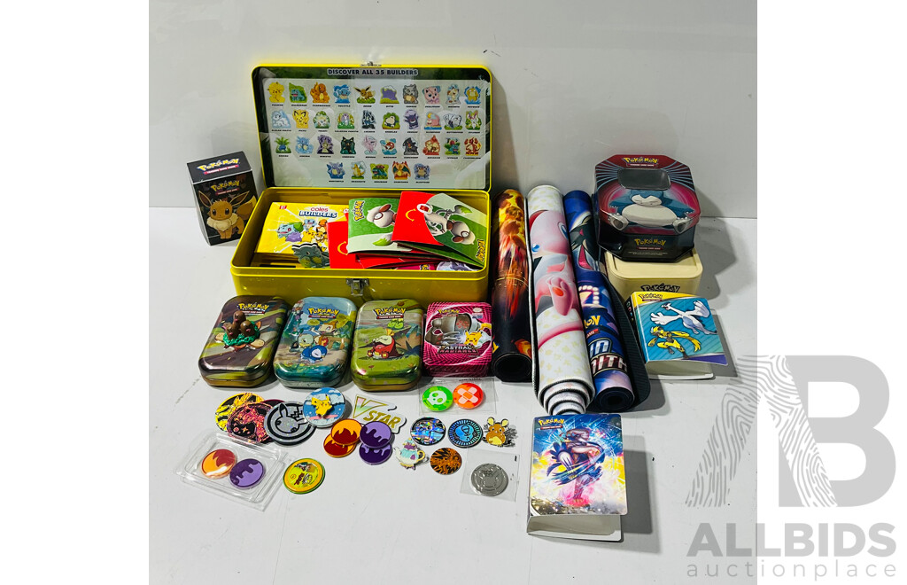 Collection of Pokémon Memorabilia and Game Pieces Including Playmats, Coles Pokémon Builders, Pins and More