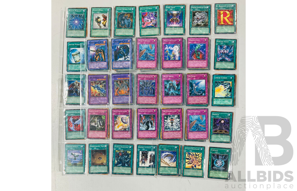 Collection of Yu-Gi-Oh Singles in Binder Pages Including Pot of Avarice and Other 1st Edition Cards