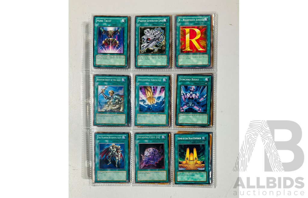 Collection of Yu-Gi-Oh Singles in Binder Pages Including Pot of Avarice and Other 1st Edition Cards