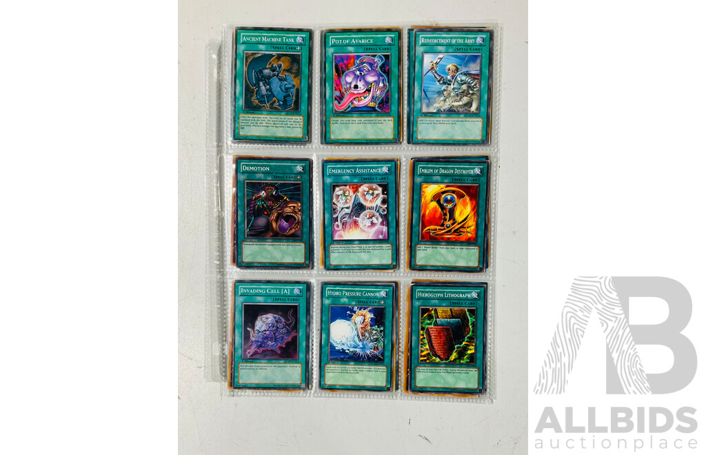 Collection of Yu-Gi-Oh Singles in Binder Pages Including Pot of Avarice and Other 1st Edition Cards