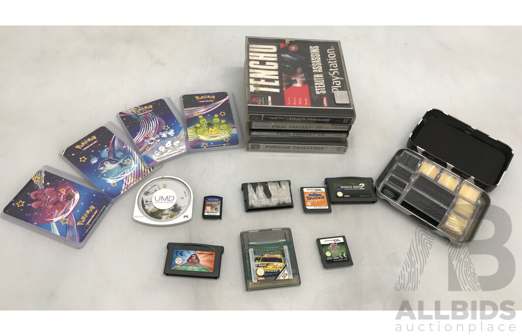 Collection of Assorted Nintendo, PlayStation One, PSP, and PSP Vita Games with Pokemon Trading Cards and Moogoo Game