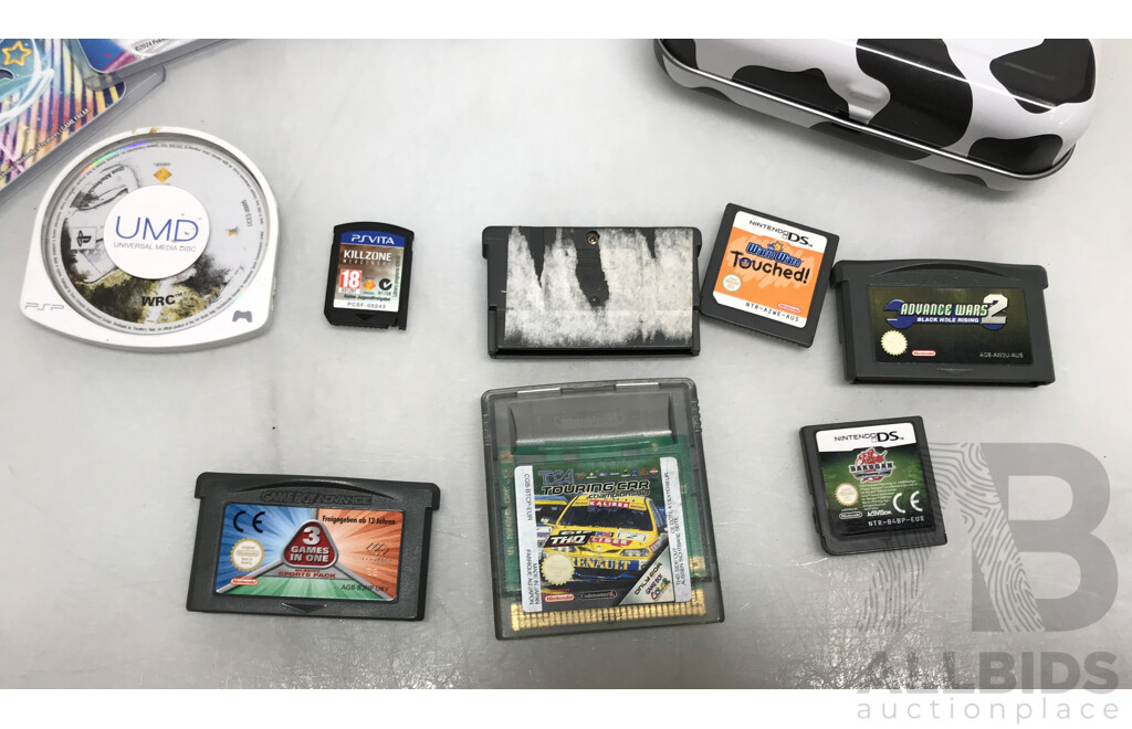 Collection of Assorted Nintendo, PlayStation One, PSP, and PSP Vita Games with Pokemon Trading Cards and Moogoo Game