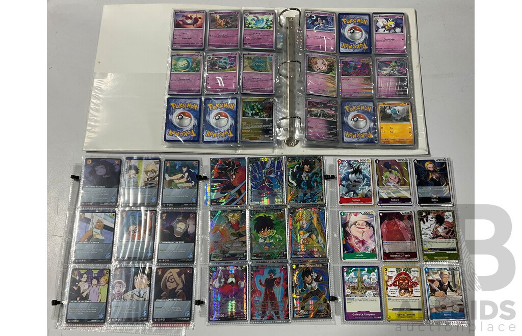 Collection of 162 TCG Pokémon Cards and Cards From My Hero Academia, One Piece and Dragon Ball Card Game in Plastic Folder