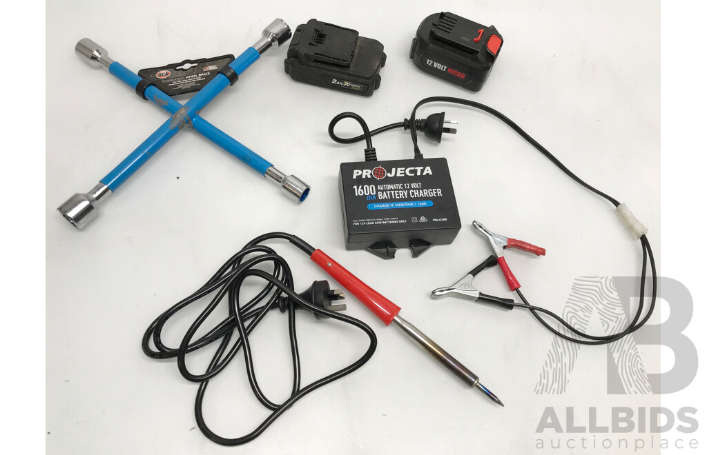 Assorted Tools Including Batteries, Battery Charger, Soldering Iron, and Wheel Brace - Lot of 5