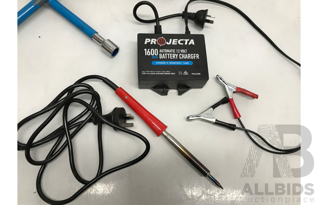 Assorted Tools Including Batteries, Battery Charger, Soldering Iron, and Wheel Brace - Lot of 5