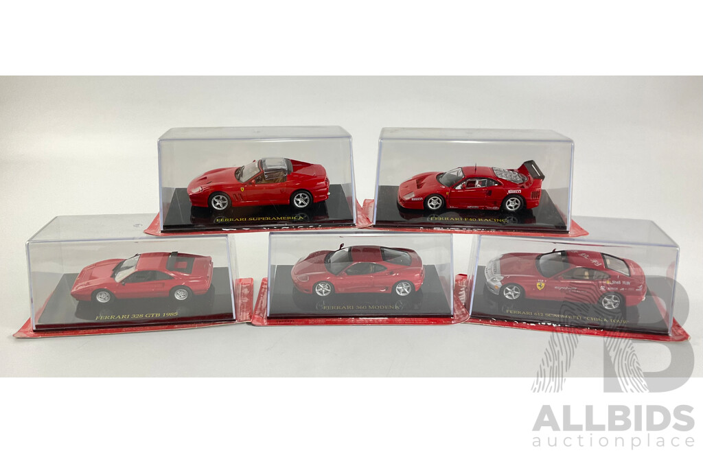 Five Diecast Ferraris Including 612 Scaglietti China Tour, 360 Modena, 328 GTB 1985, Superamerica, F40 Racing  - 1:43 Scale