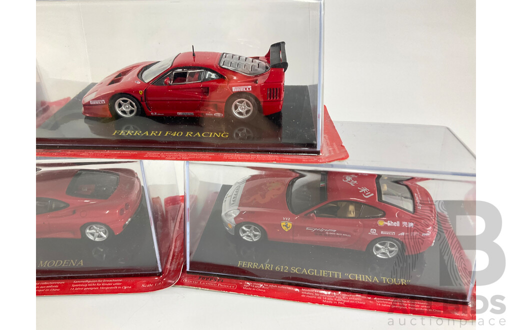 Five Diecast Ferraris Including 612 Scaglietti China Tour, 360 Modena, 328 GTB 1985, Superamerica, F40 Racing  - 1:43 Scale