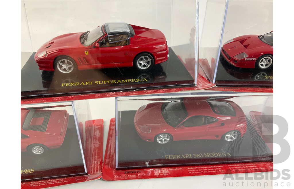 Five Diecast Ferraris Including 612 Scaglietti China Tour, 360 Modena, 328 GTB 1985, Superamerica, F40 Racing  - 1:43 Scale