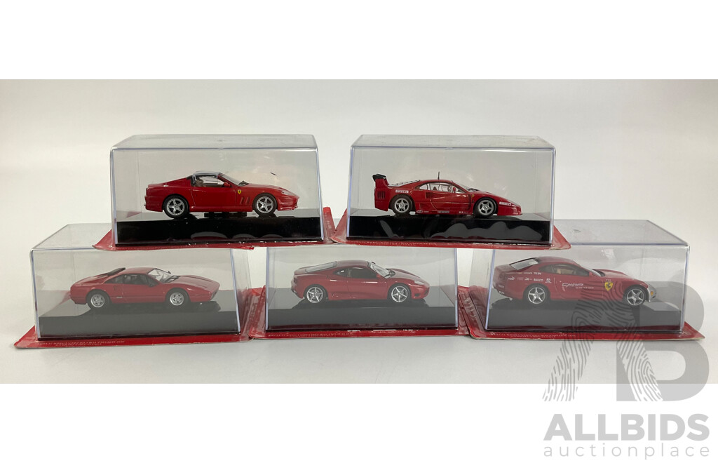 Five Diecast Ferraris Including 612 Scaglietti China Tour, 360 Modena, 328 GTB 1985, Superamerica, F40 Racing  - 1:43 Scale