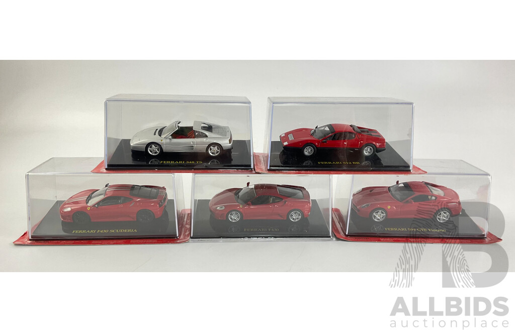 Five Diecast Ferraris Including 348 TS, 512 BB, F340 Scuderia, F430, 599 GTB Fioano  - 1:43 Scale