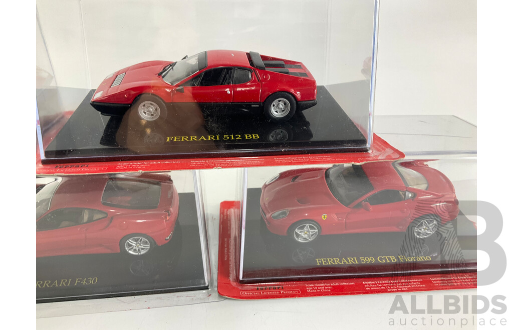 Five Diecast Ferraris Including 348 TS, 512 BB, F340 Scuderia, F430, 599 GTB Fioano  - 1:43 Scale