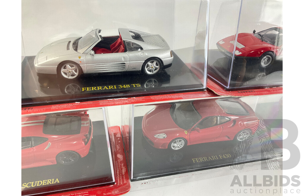 Five Diecast Ferraris Including 348 TS, 512 BB, F340 Scuderia, F430, 599 GTB Fioano  - 1:43 Scale