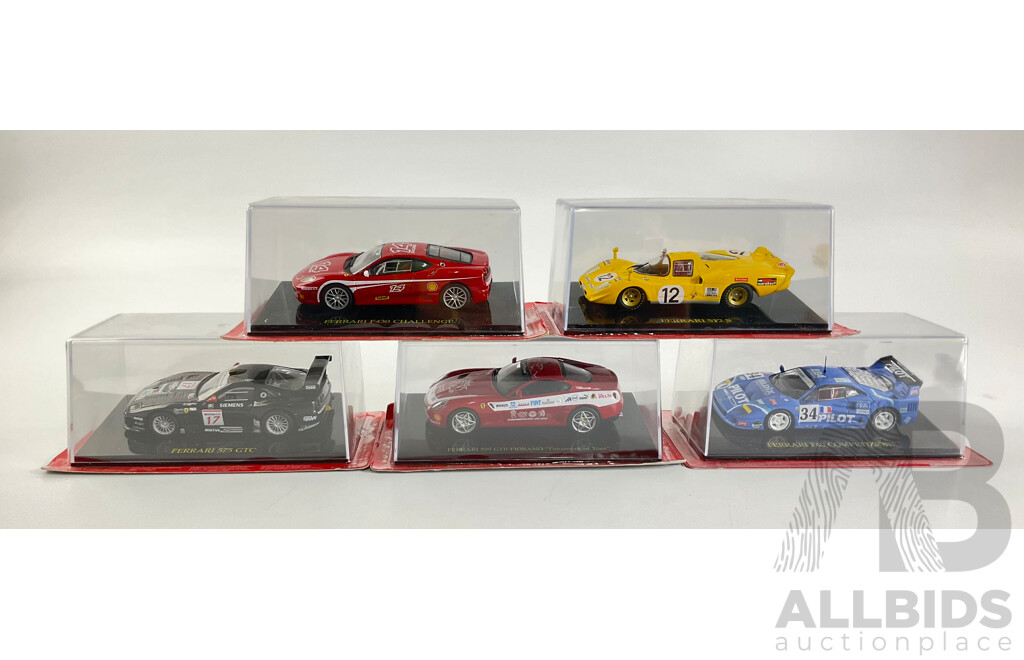 Five Diecast Ferraris Including F430 Challenge, 512 S, 575 GTC, 599 GTB Panamerican Tour, F40 Competizione - 1:43 Scale