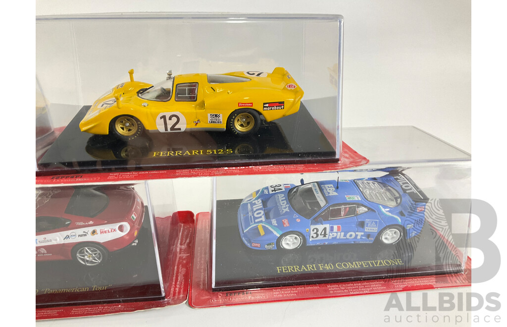 Five Diecast Ferraris Including F430 Challenge, 512 S, 575 GTC, 599 GTB Panamerican Tour, F40 Competizione - 1:43 Scale