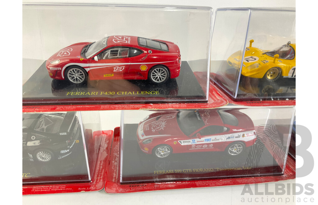 Five Diecast Ferraris Including F430 Challenge, 512 S, 575 GTC, 599 GTB Panamerican Tour, F40 Competizione - 1:43 Scale