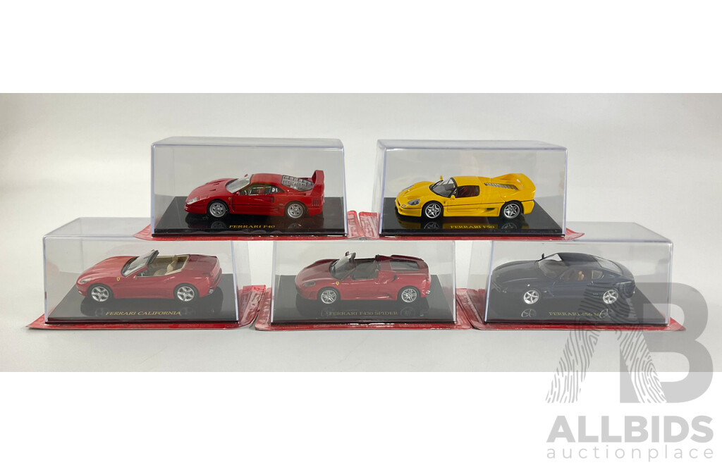 Five Diecast Ferraris Including F40, F50, California, F430 Spider, 456M - 1:43 Scale