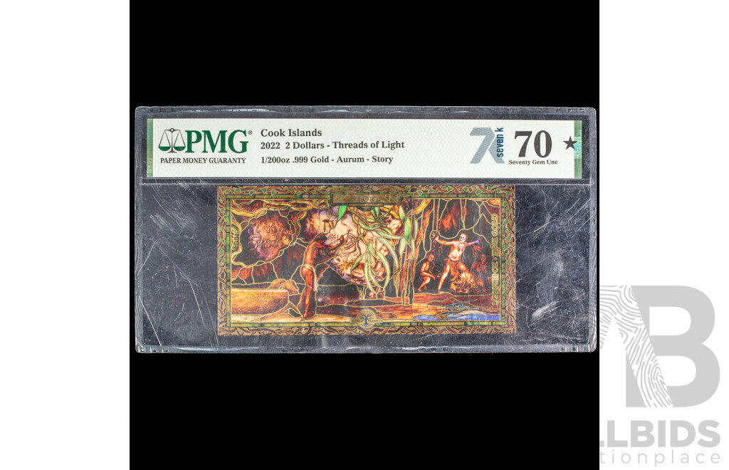 Cook Islands 2022 Gold Two Dollar Note, Threads of Light, PMG 70 Gem UNC