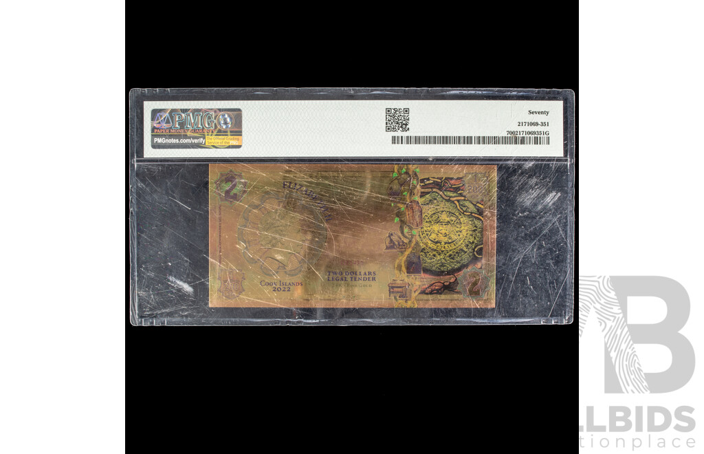Cook Islands 2022 Gold Two Dollar Note, Threads of Light, PMG 70 Gem UNC