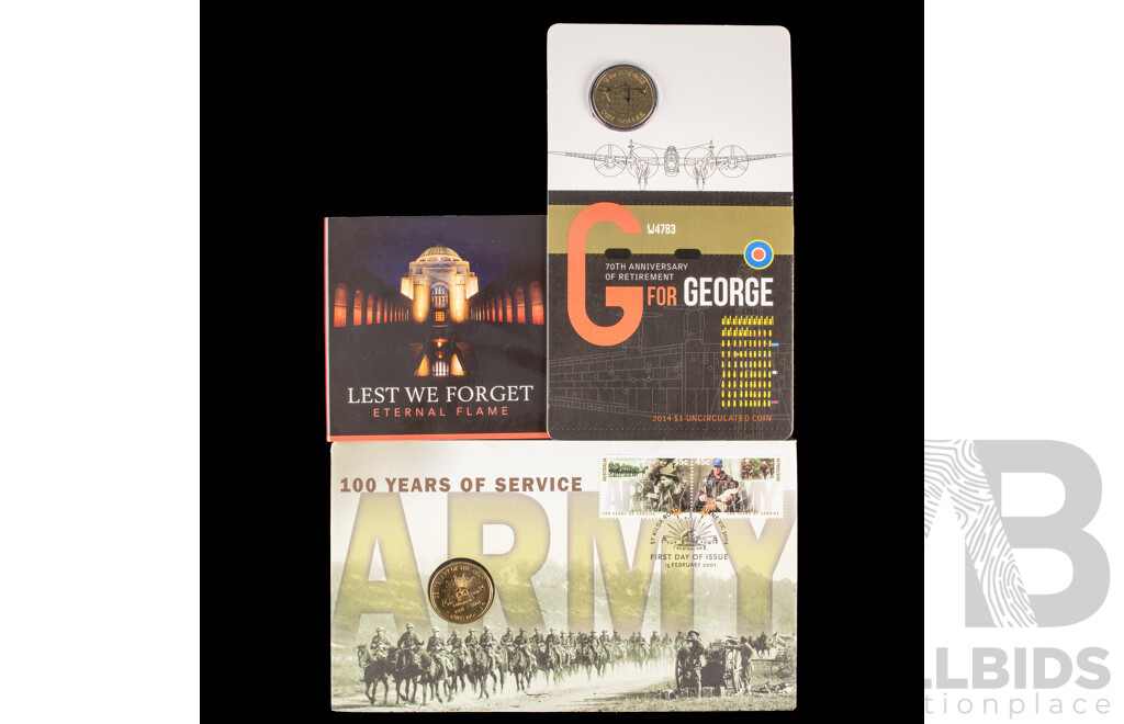 Australian RAM 2014 One Dollar, G for George, 2018 Two Dollar, Lest We Forget, 2001 Army 100 Years of Service PNC