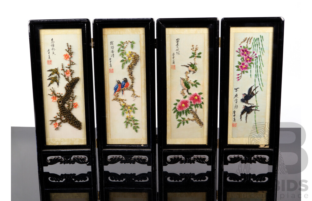 Asian Hand Made Folding Wooden Screen Decorated with Scenes Made From Miniature Seashells