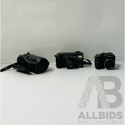 Collection of Three Cameras Including Panasonic Zoom28, Fujifilm Finepix 51000 Digital Camera and Canon Epoca 135 Caption